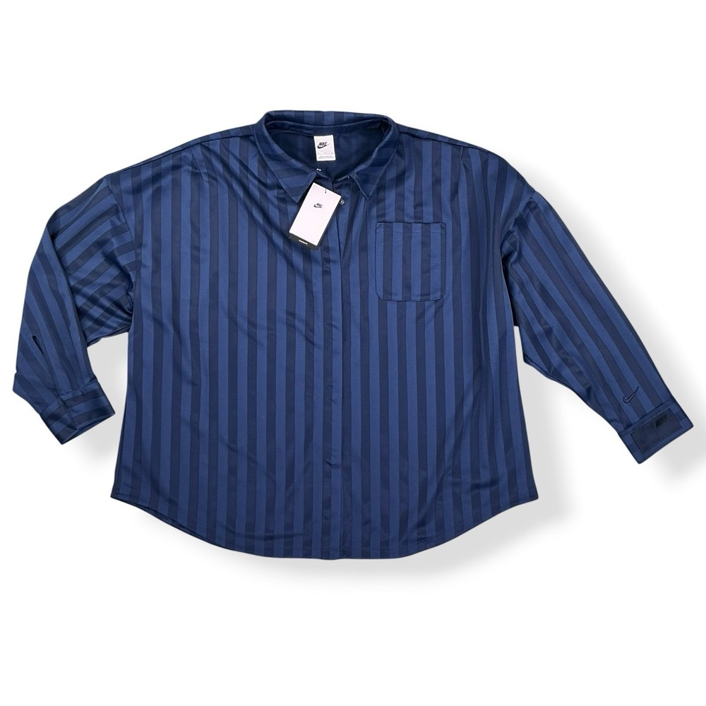 Nike Shirt Womens XL Blue Oversized Striped Snap Down Long Sleeve HV1956-410 NWT